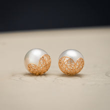 Load image into Gallery viewer, Pearl studs with rose gold petals
