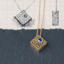 Load image into Gallery viewer, Gold box pendant with blue sapphire