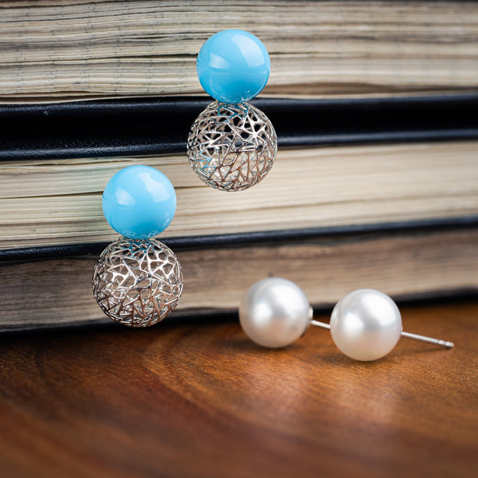 Custom Platinum Earrings with Sleeping Beauty Turquoise & South Sea Pearls