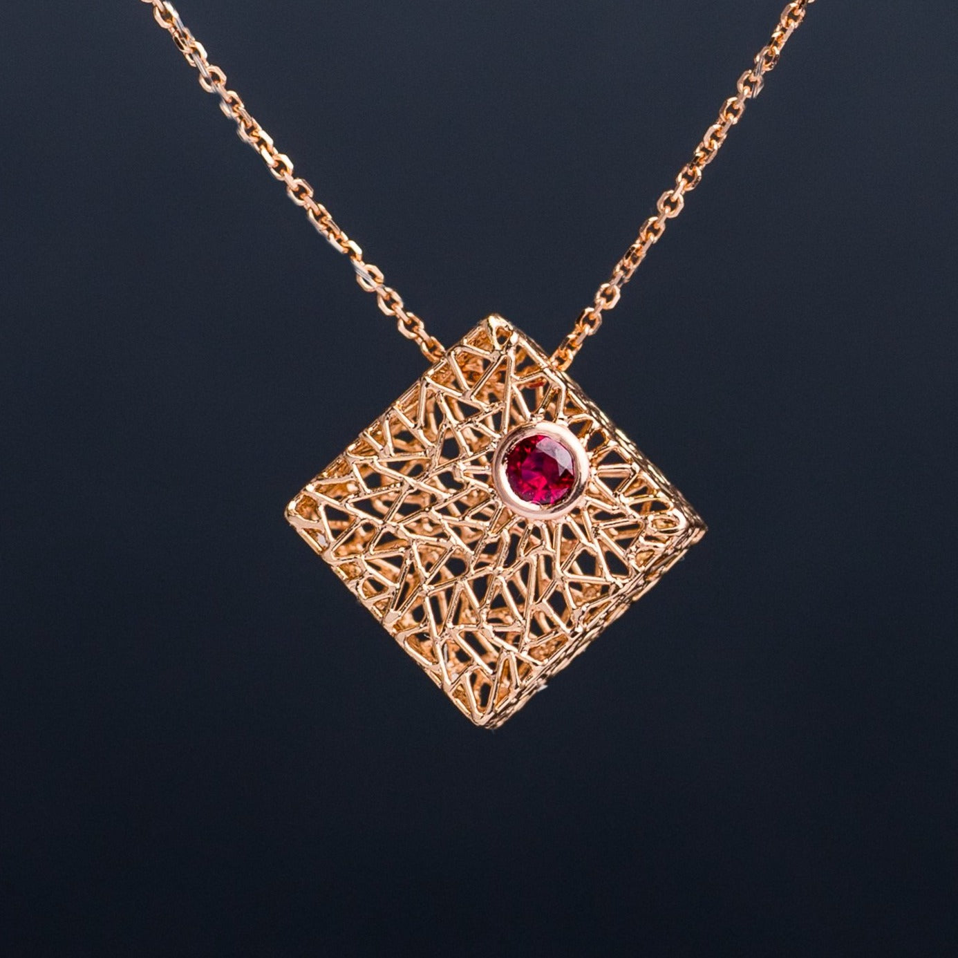 Rose Gold Box Pendant with Ruby