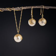 Load image into Gallery viewer, Pearl Earrings with Gold Petals
