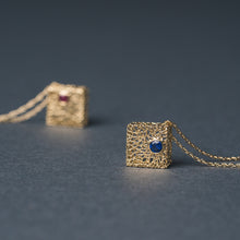 Load image into Gallery viewer, Gold box pendant with blue sapphire
